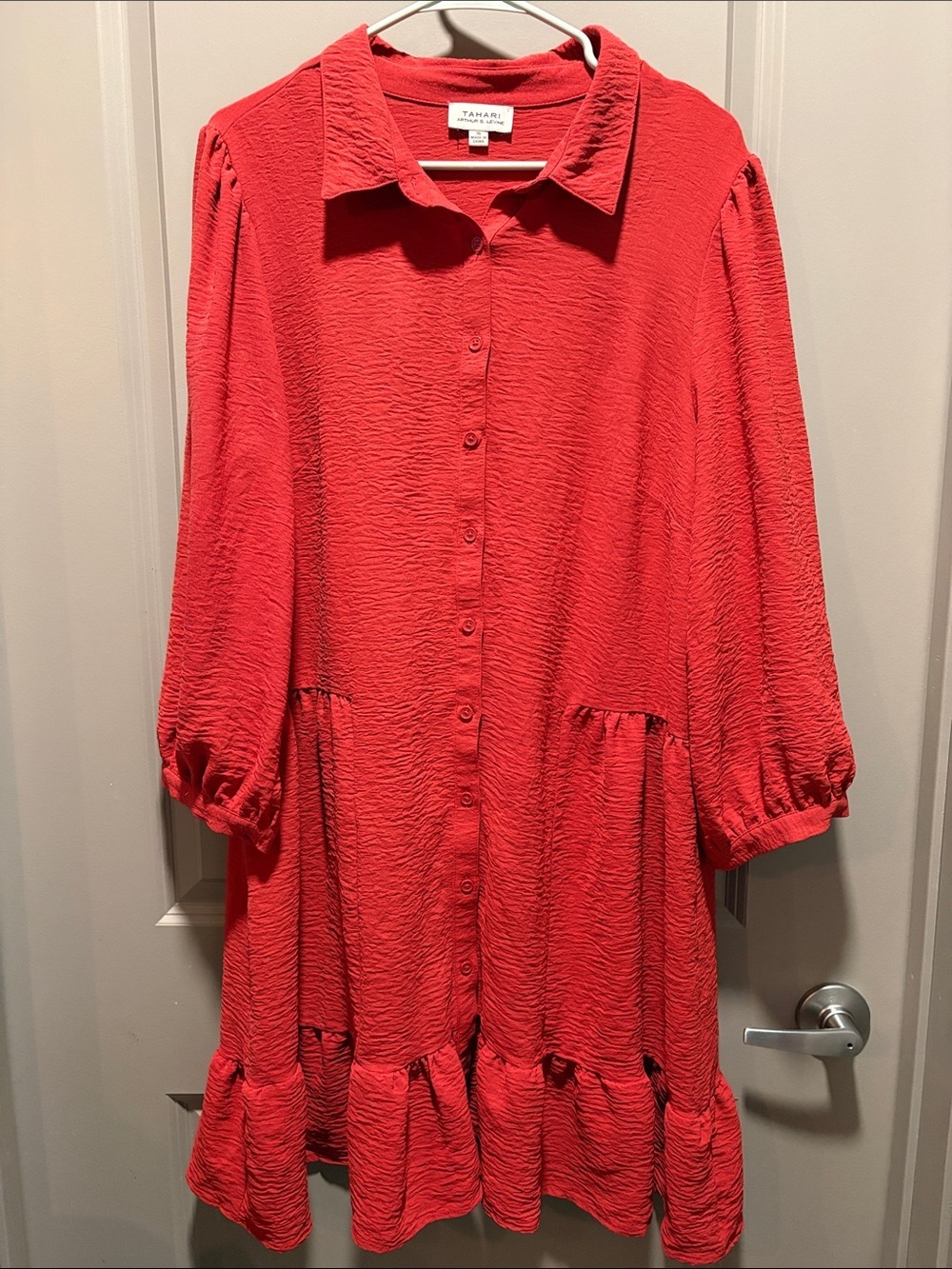 Tahari Burnt Orange Tiered Button Front Midi Dress Puff Sleeve 16